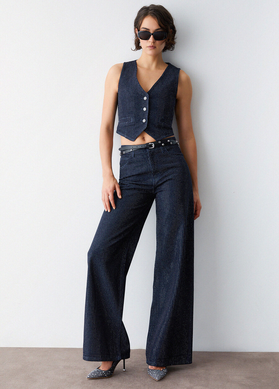 palazzo jeans with all-over rhinestones