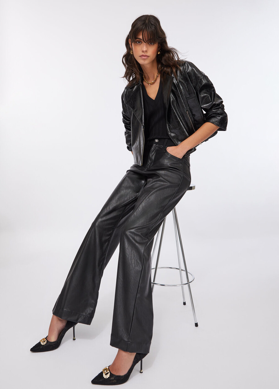 coated fabric flared trousers