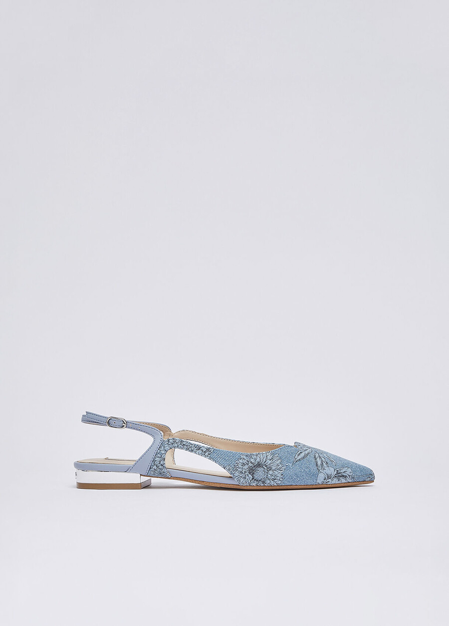 printed denim slingbacks