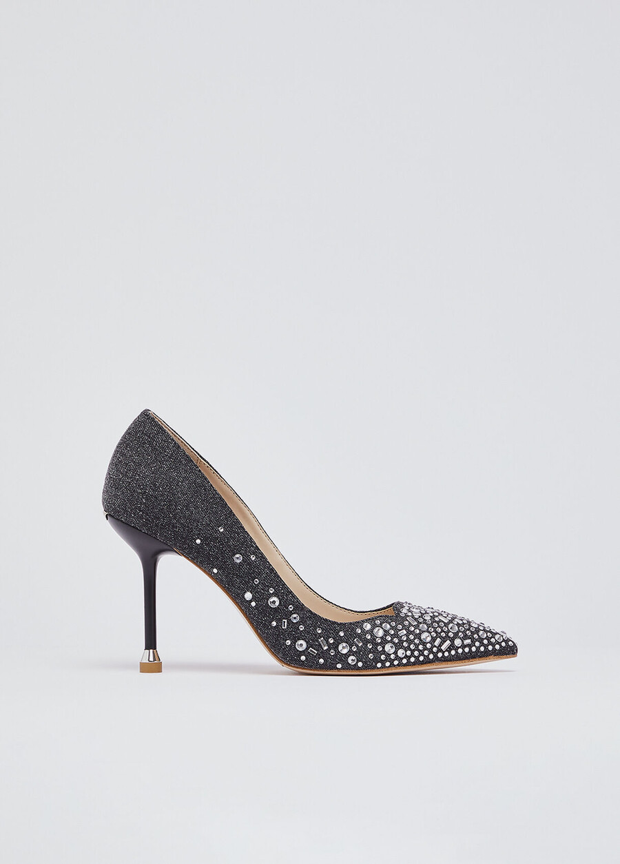 denim pumps with jewel stones
