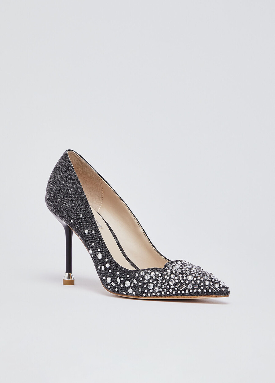 denim pumps with jewel stones