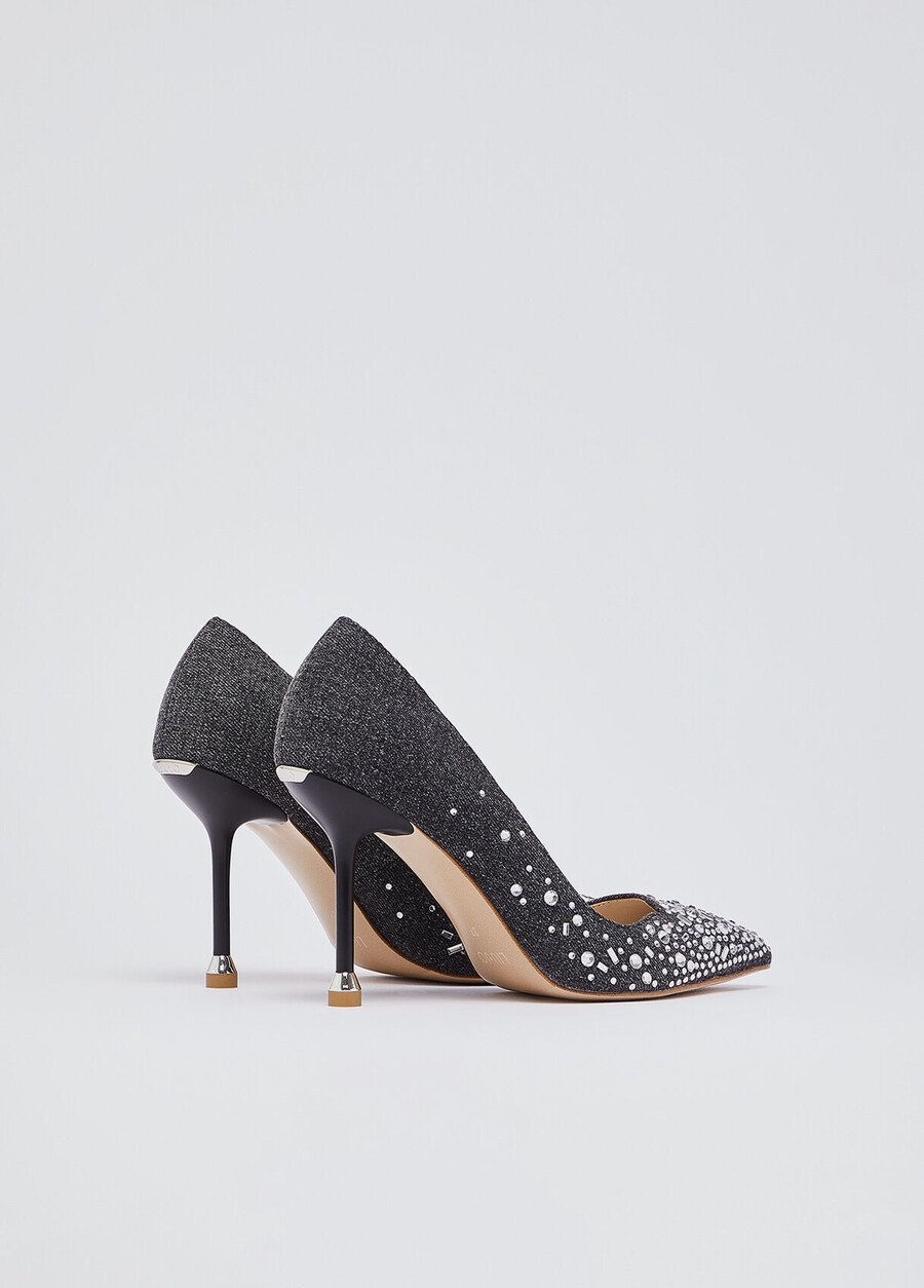 denim pumps with jewel stones