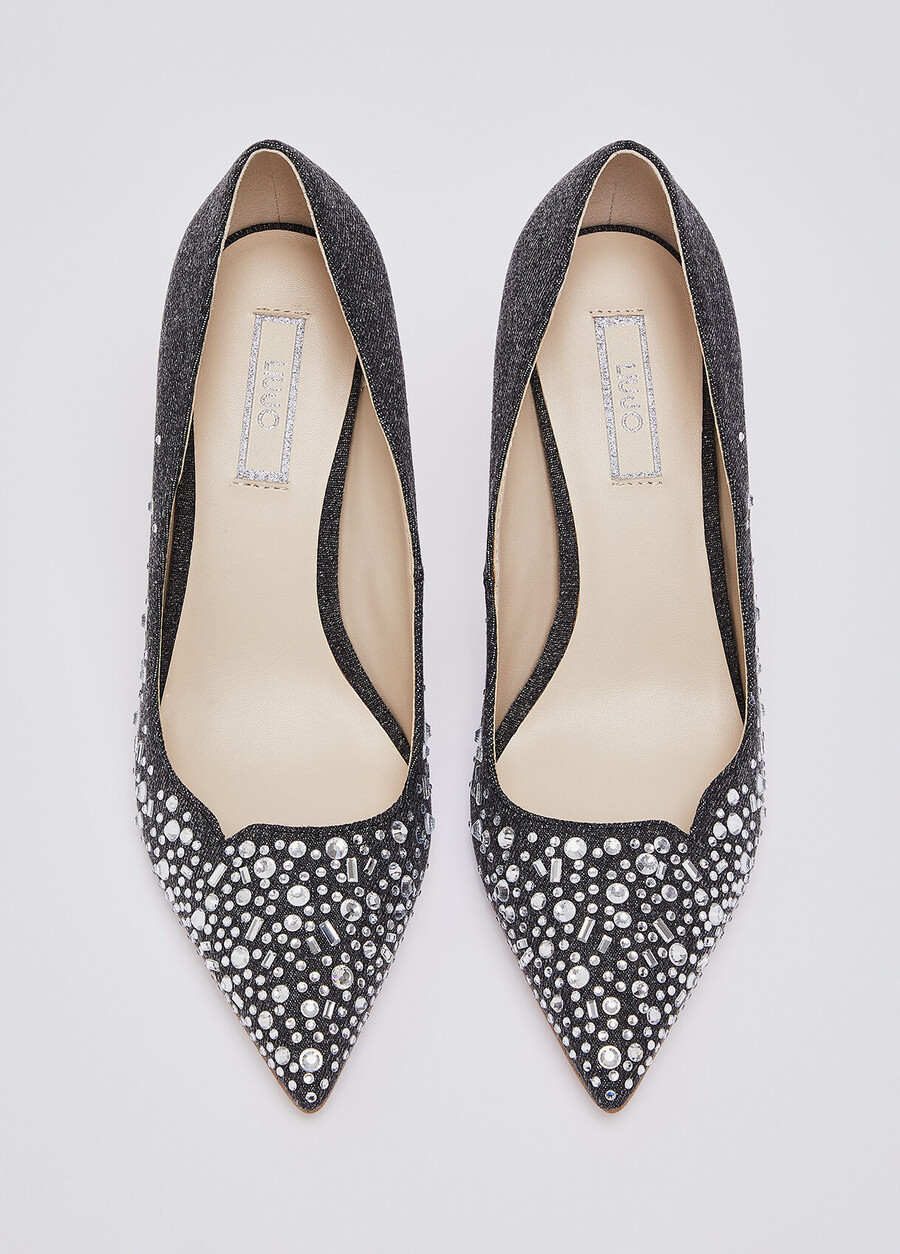 denim pumps with jewel stones