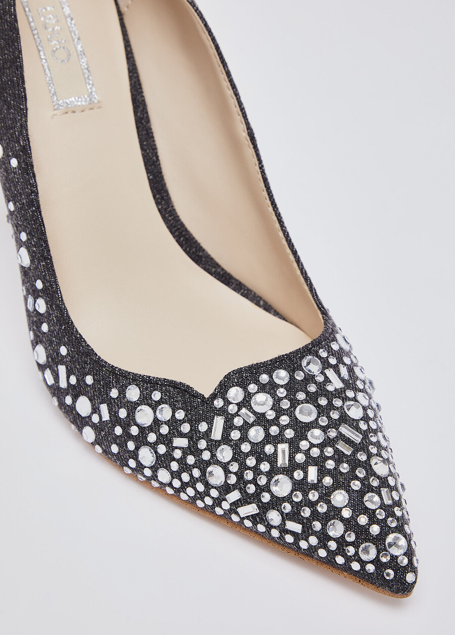 denim pumps with jewel stones