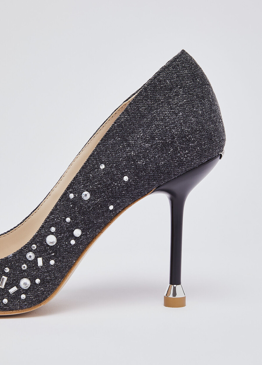 denim pumps with jewel stones