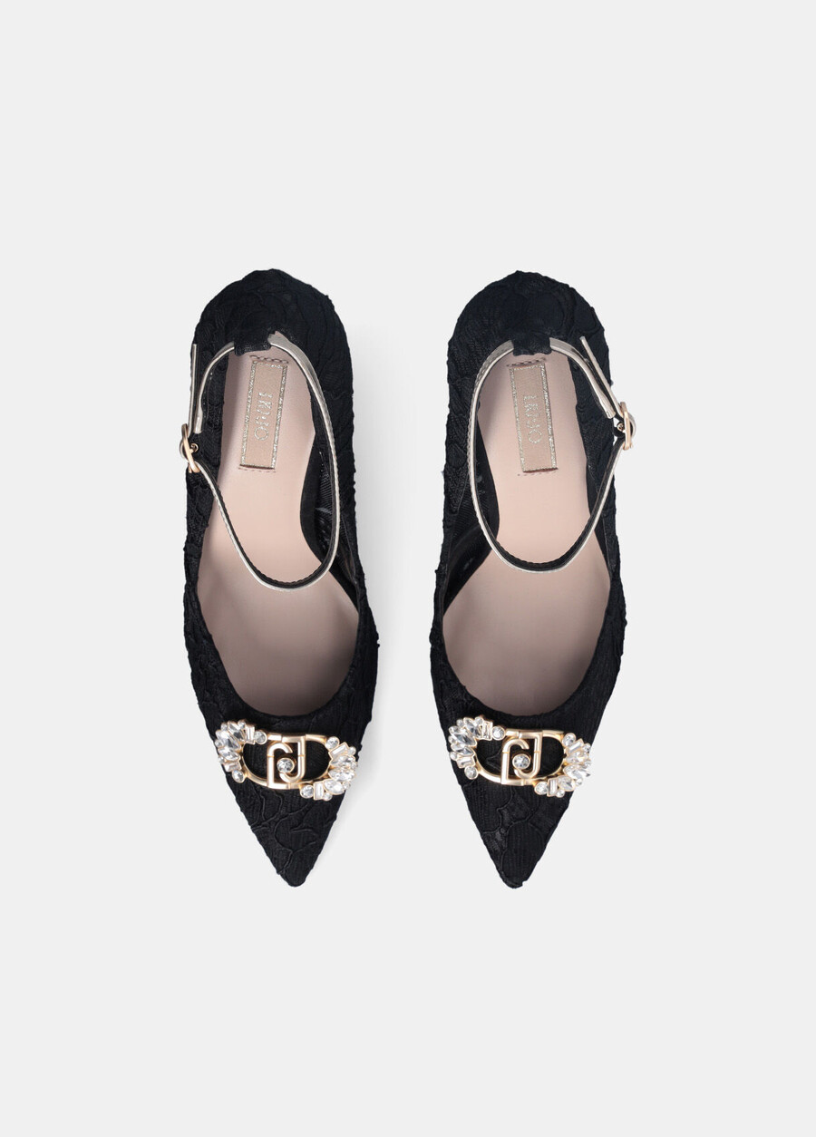 lace court shoes with bejewelled logo