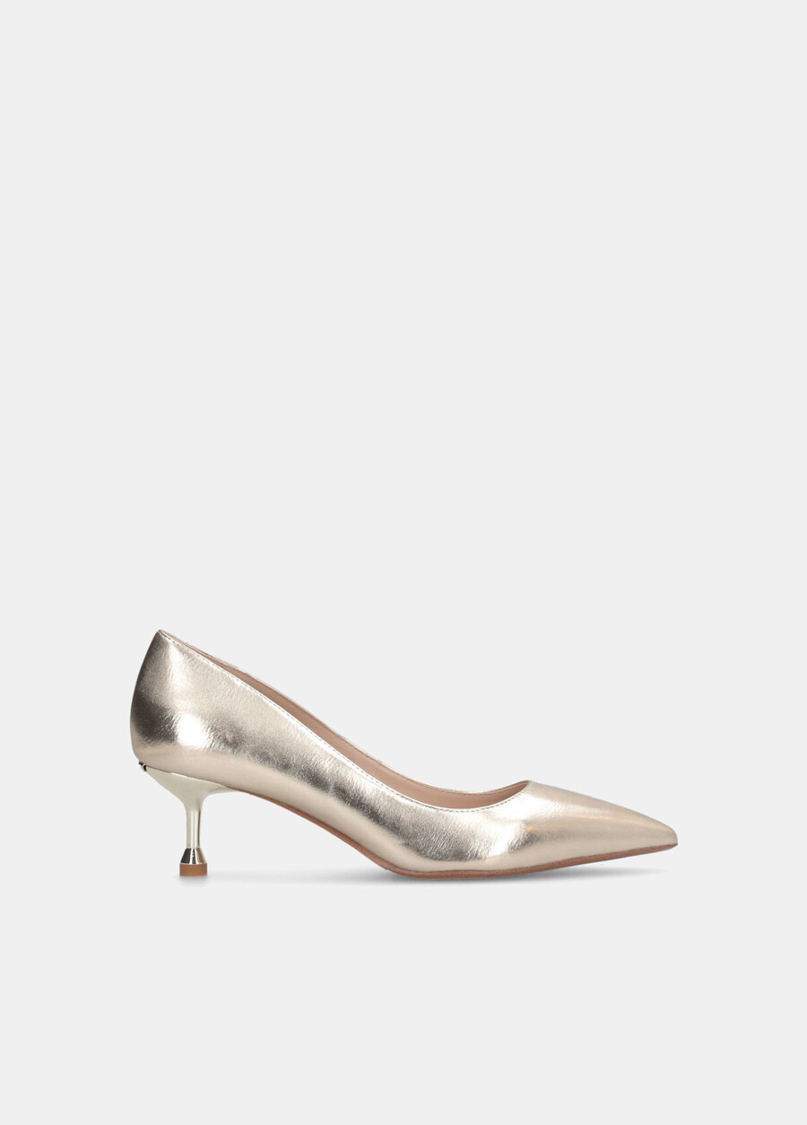 low-heeled metallic court shoes