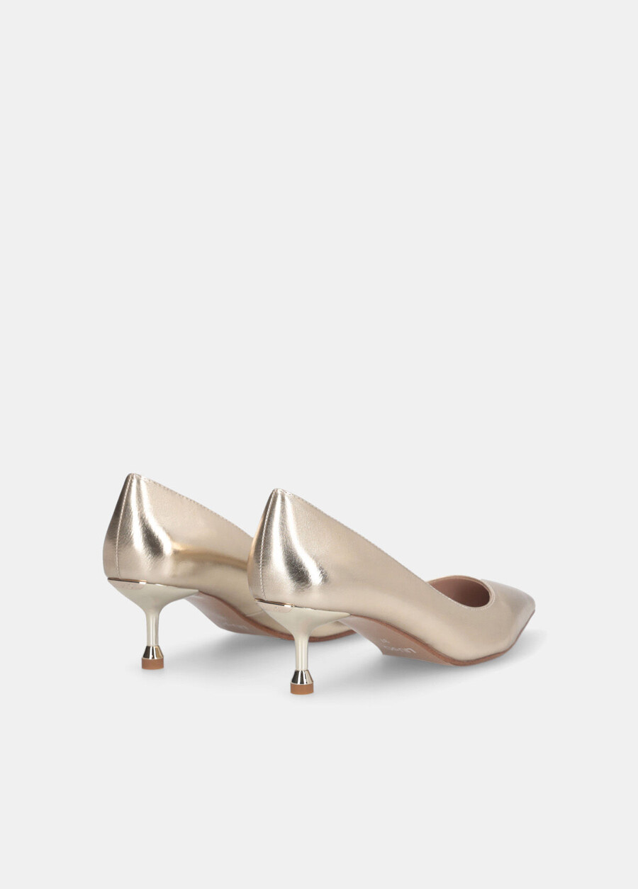 low-heeled metallic court shoes