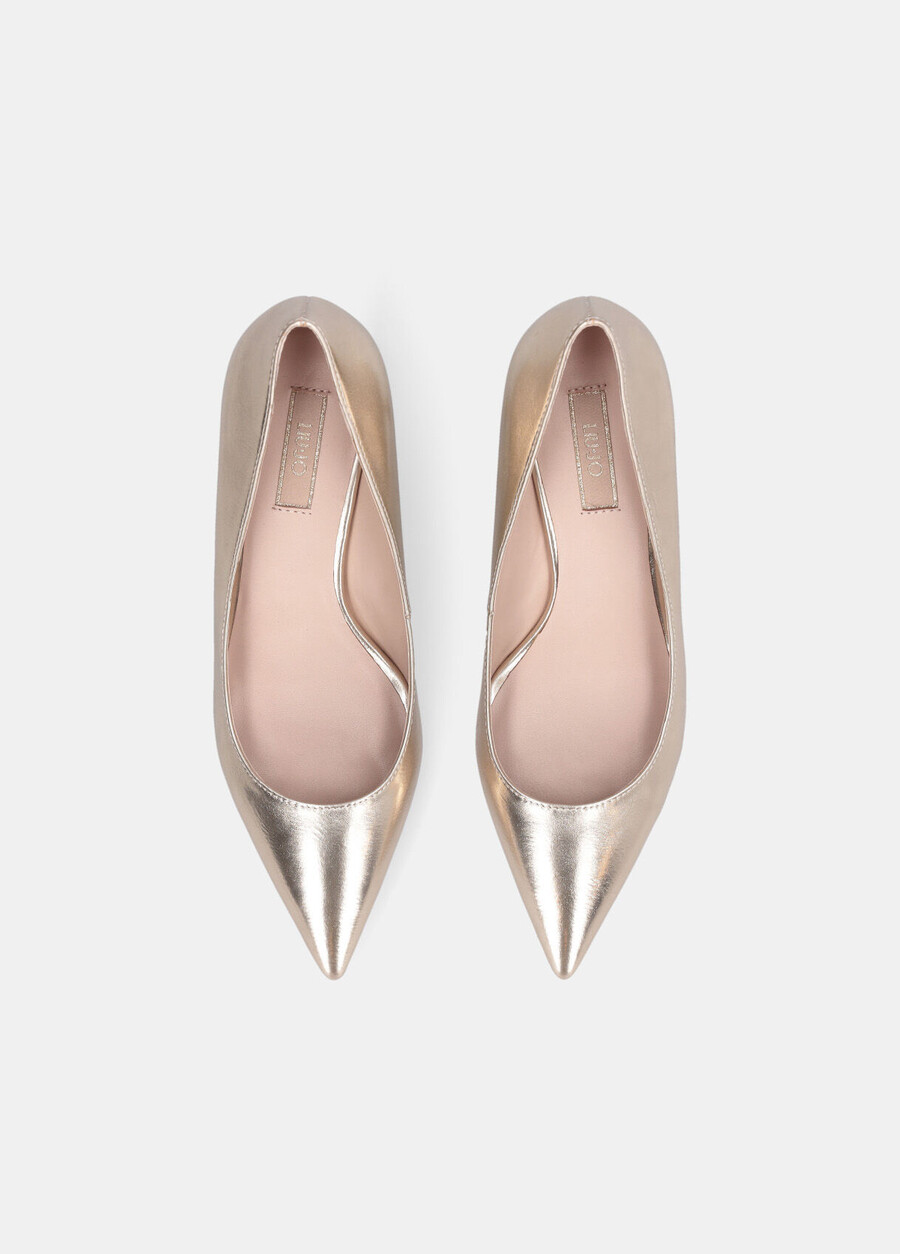 low-heeled metallic court shoes