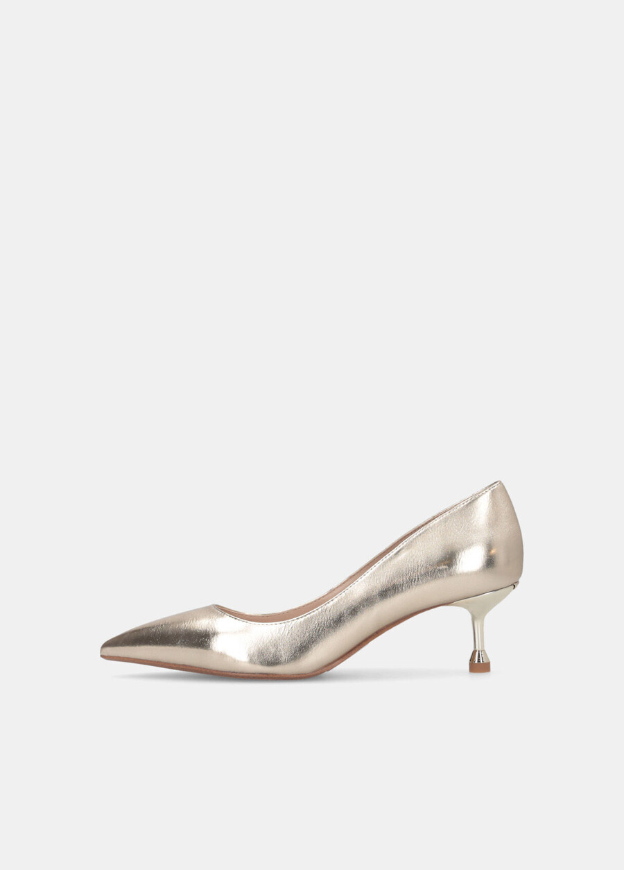 low-heeled metallic court shoes