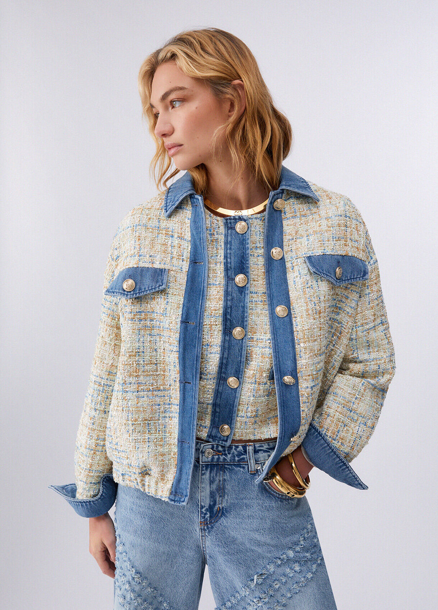 denim jacket with bouclé details
