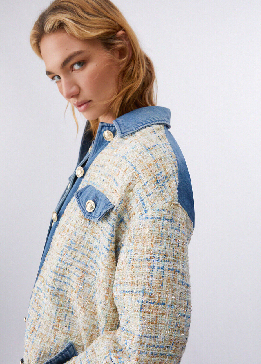 denim jacket with bouclé details