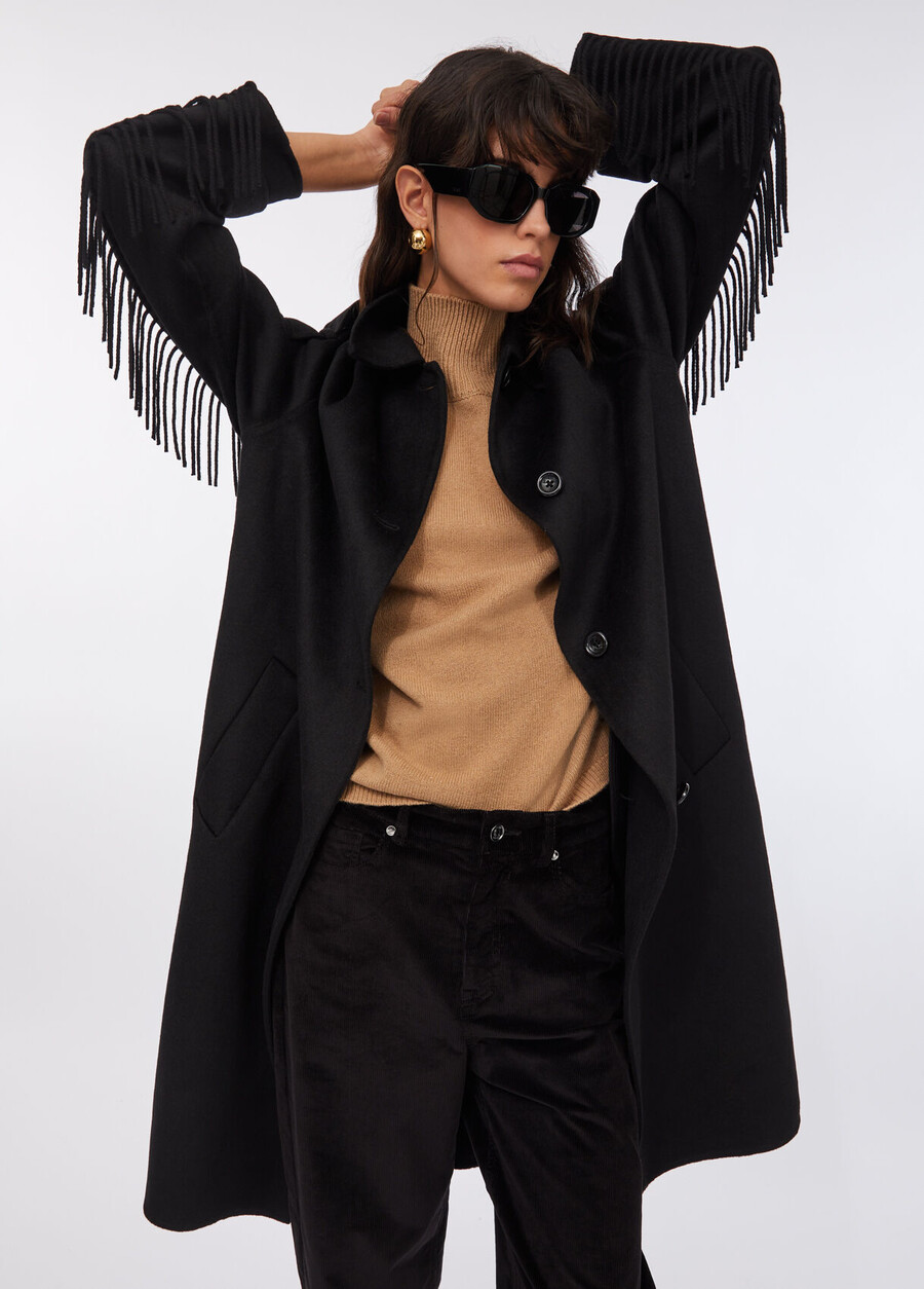 wool trench coat with fringes
