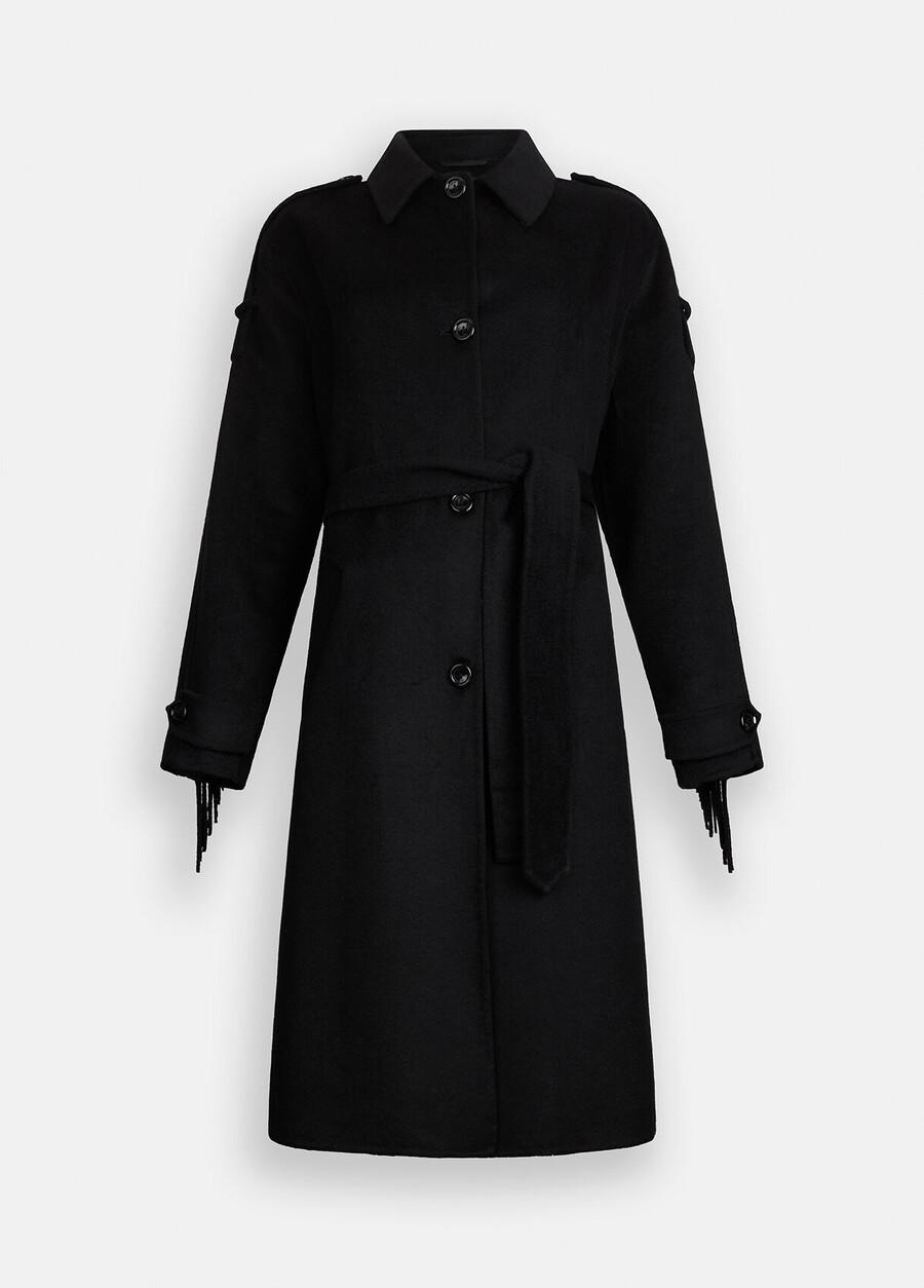 wool trench coat with fringes