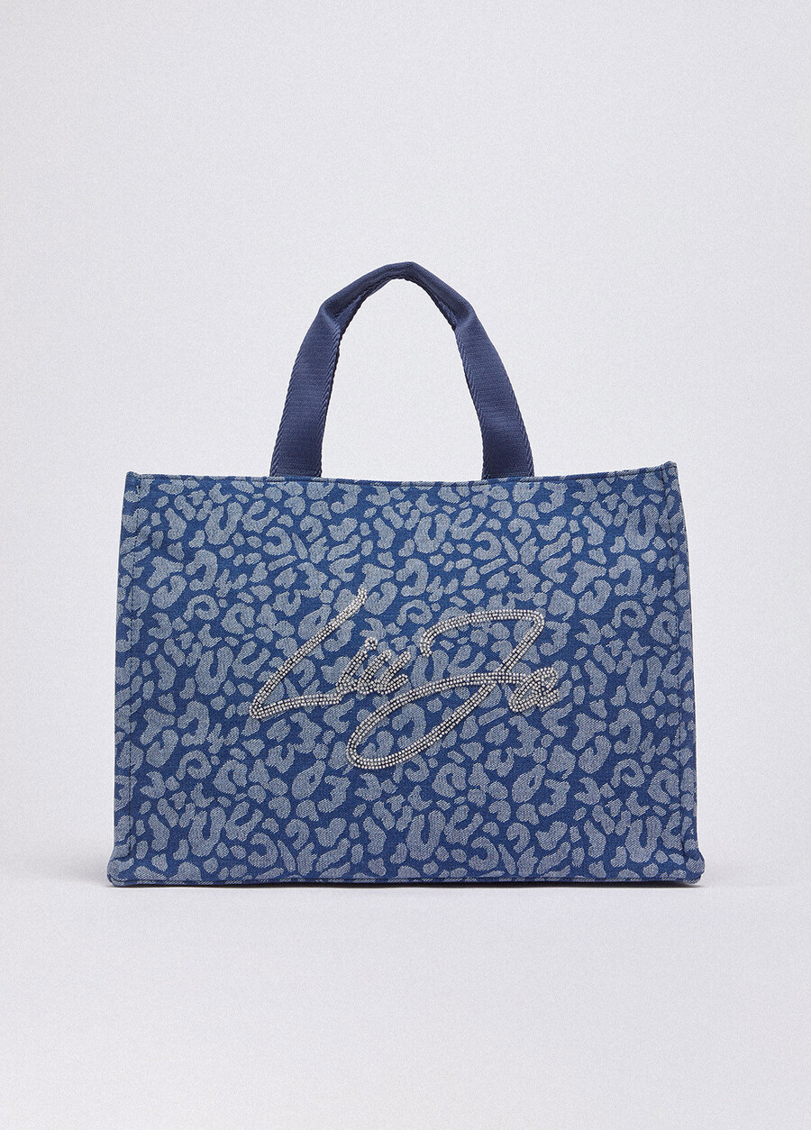 large animal-print denim tote bag