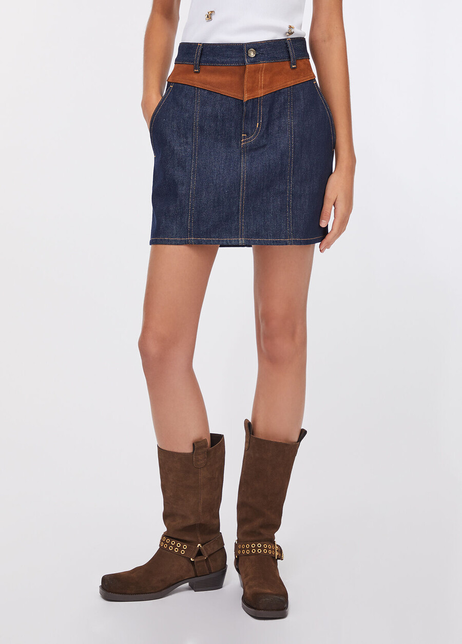 denim mini skirt with suede insert