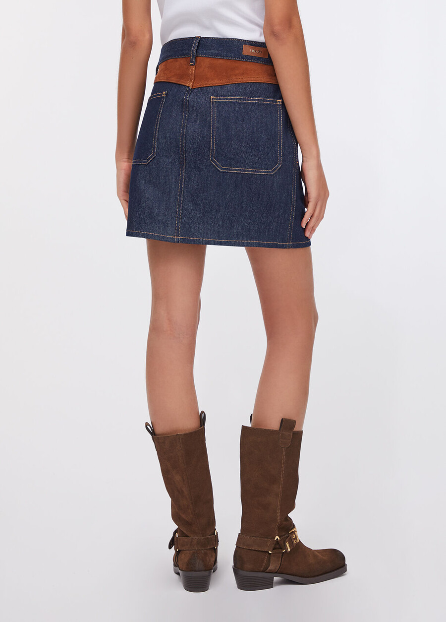 denim mini skirt with suede insert