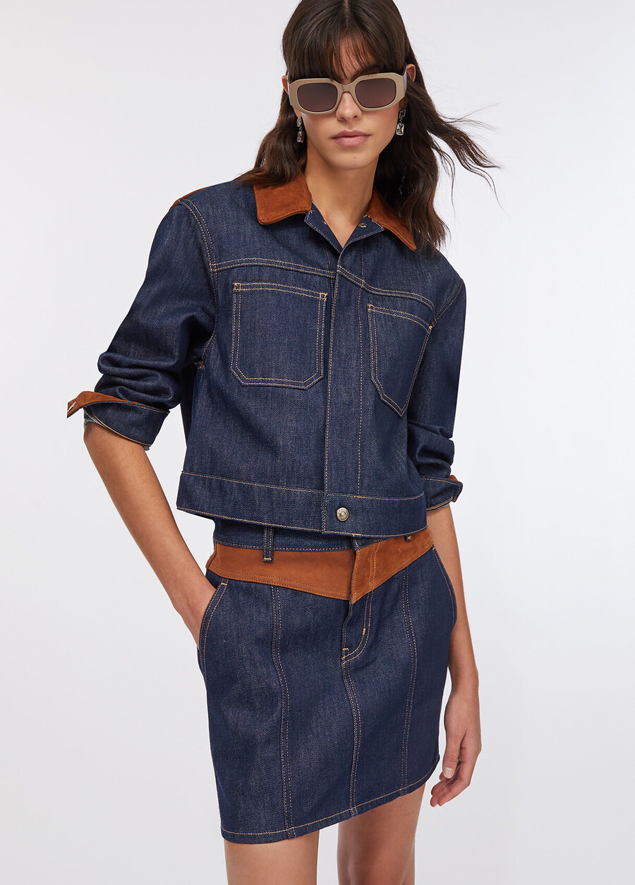denim mini skirt with suede insert