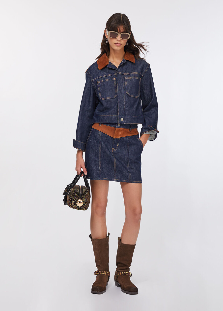 denim mini skirt with suede insert