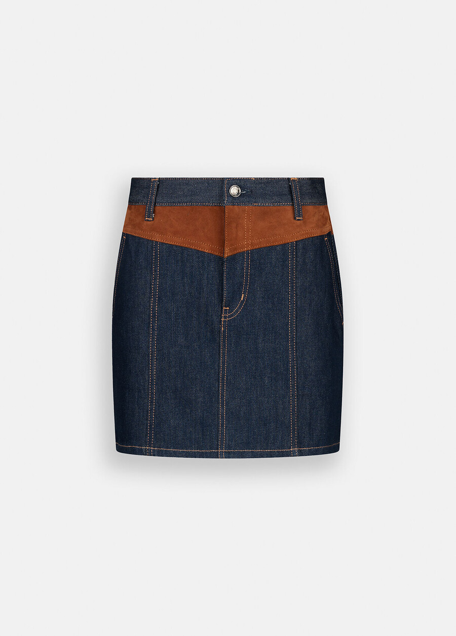 denim mini skirt with suede insert