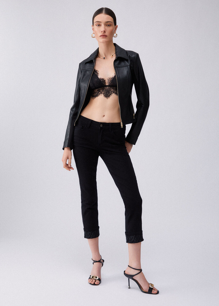 skinny trousers with turnups and gemstones